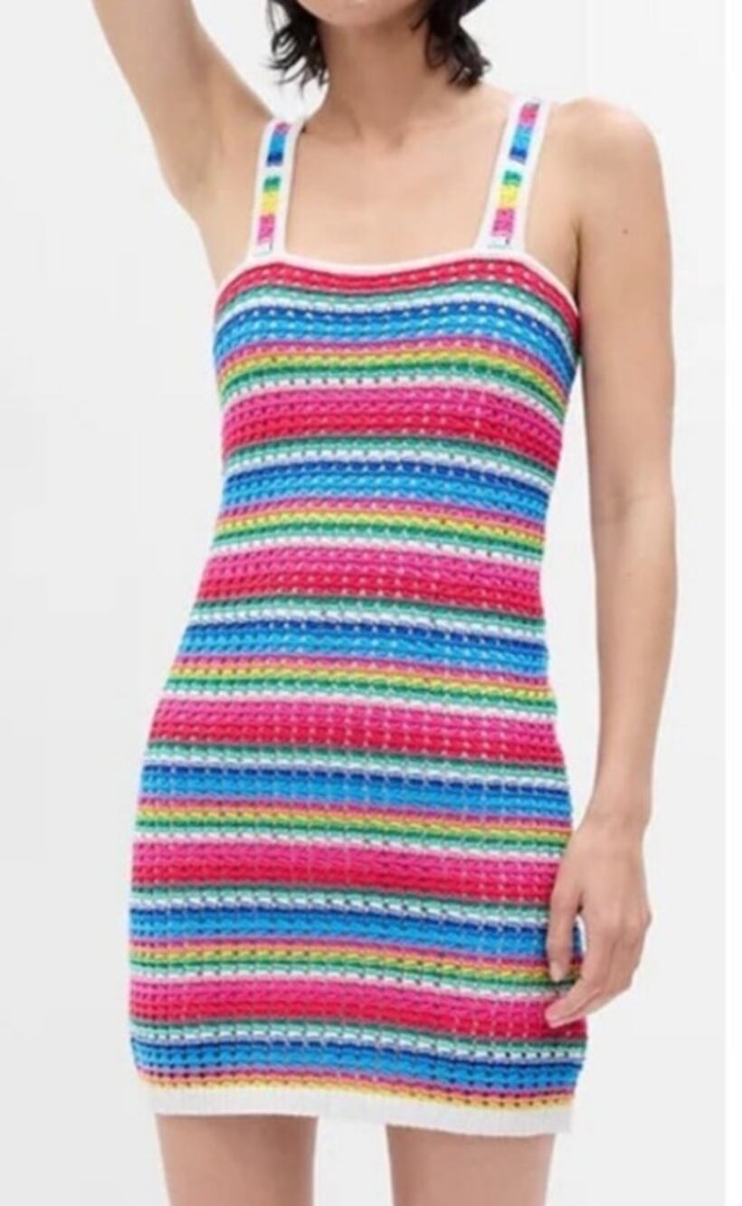 Gap Crochet Mini Dress Pink Multi Striped Tank Strap Square Neck large $89 New